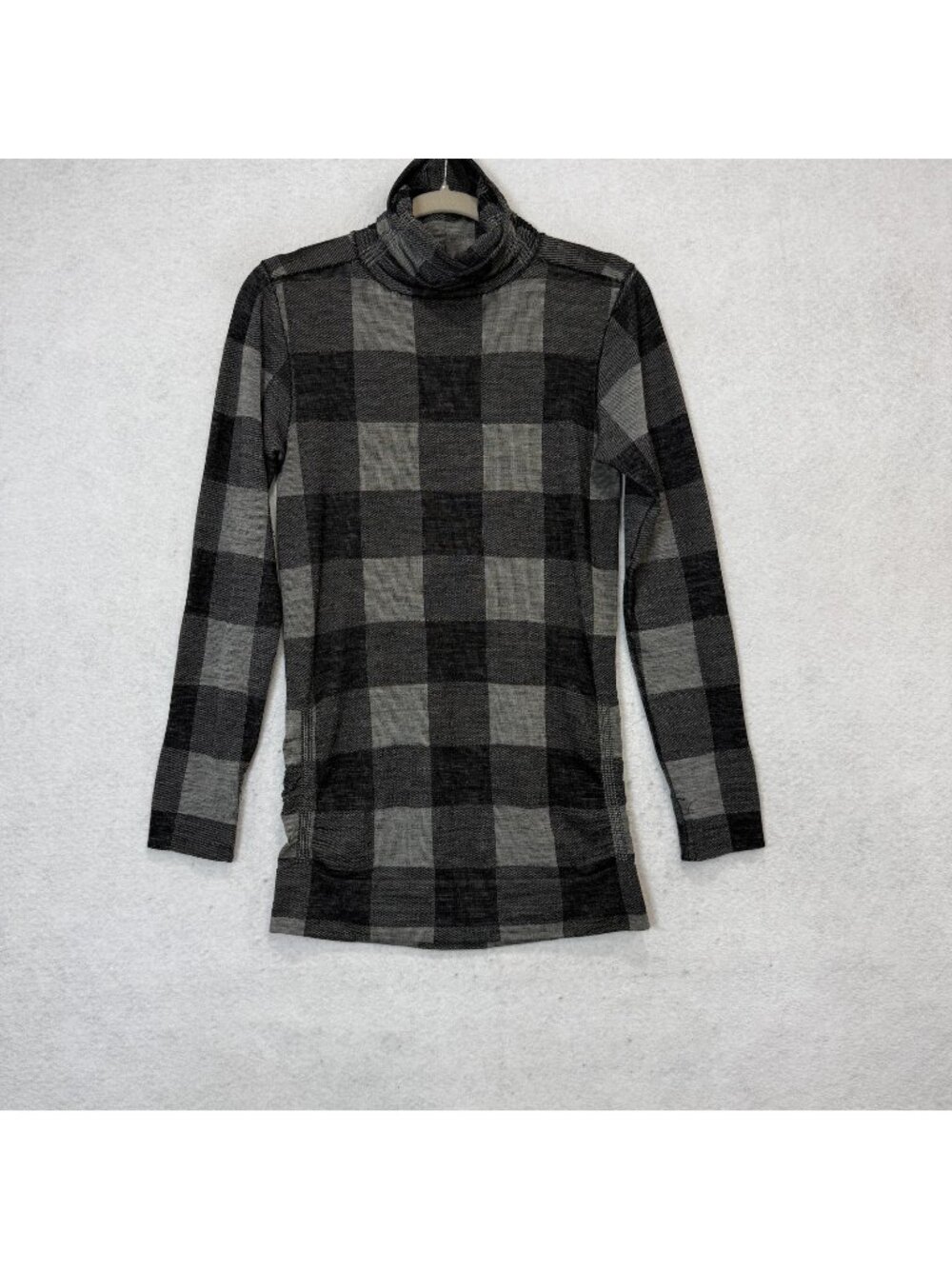 Athleta Sweater Tunic Womens Medium Gray Plaid Wool Blend Turtleneck Knit Top